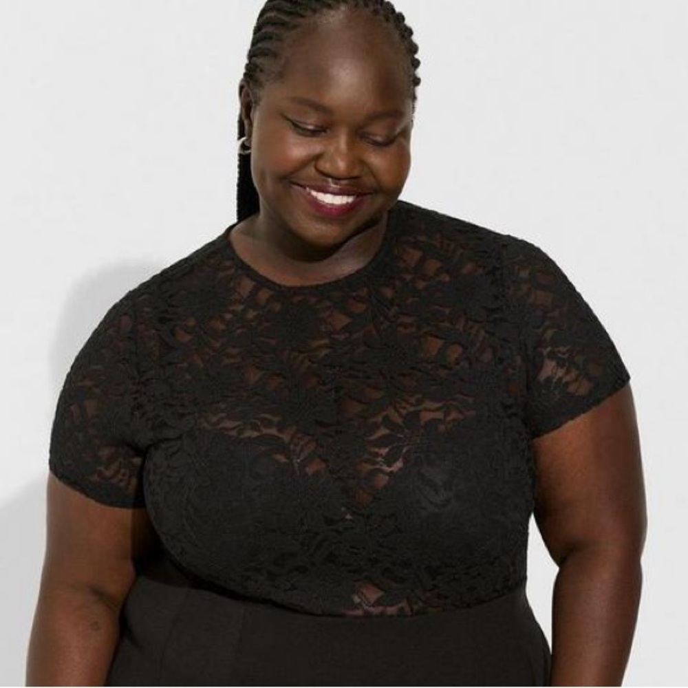 Sheer Stretch Lace Crew Neck Tee- Torrid - Picture 6 of 7
